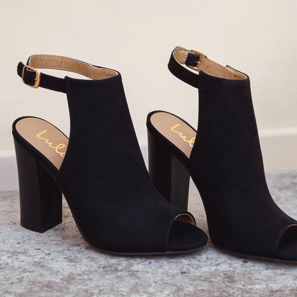 Lulu's Budding Romance Black Suede Peep-Toe Booties 8.5